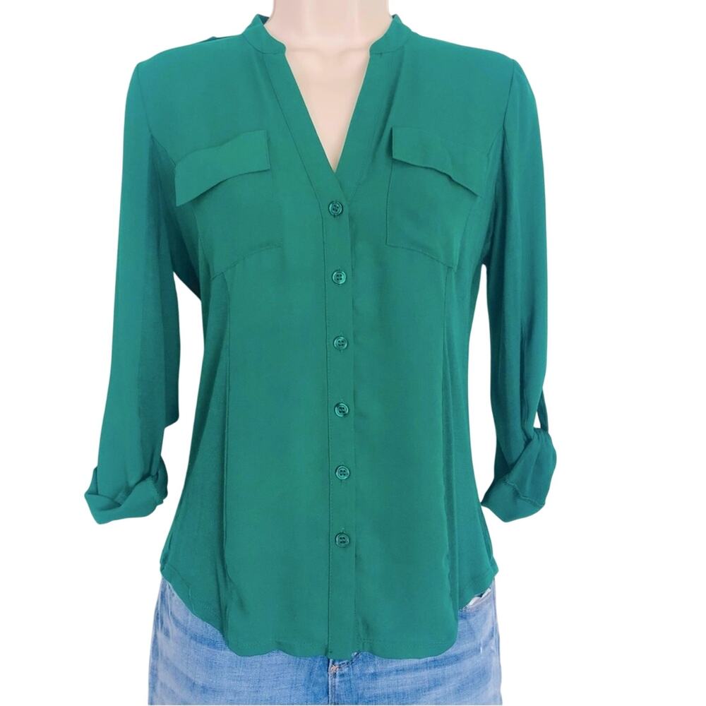 INC International Concepts Mixed Media Kelly Green Button Front Blouse - Picture 2 of 16